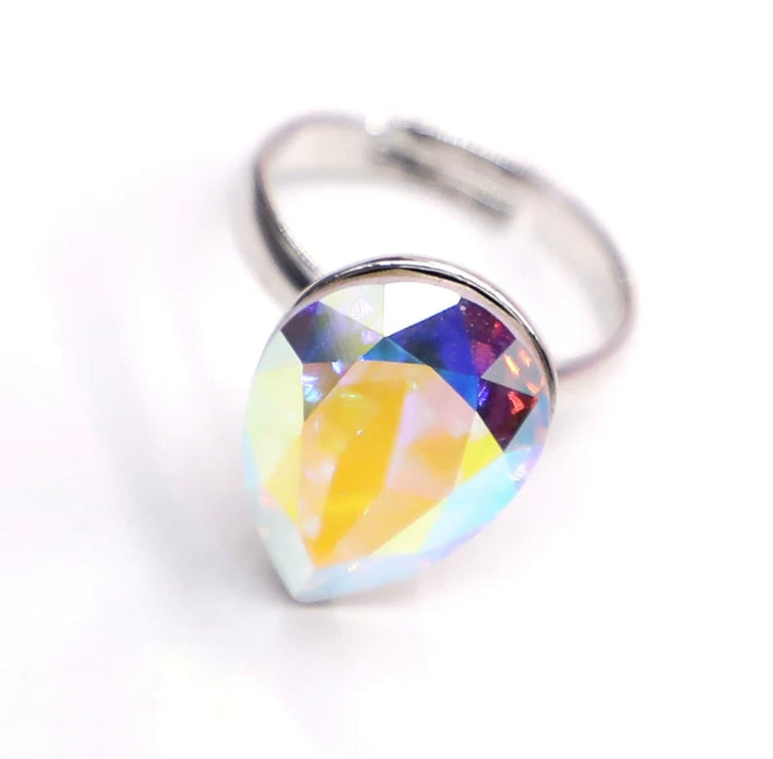 Eye-drop white AB Swarovski Crystal free size ring