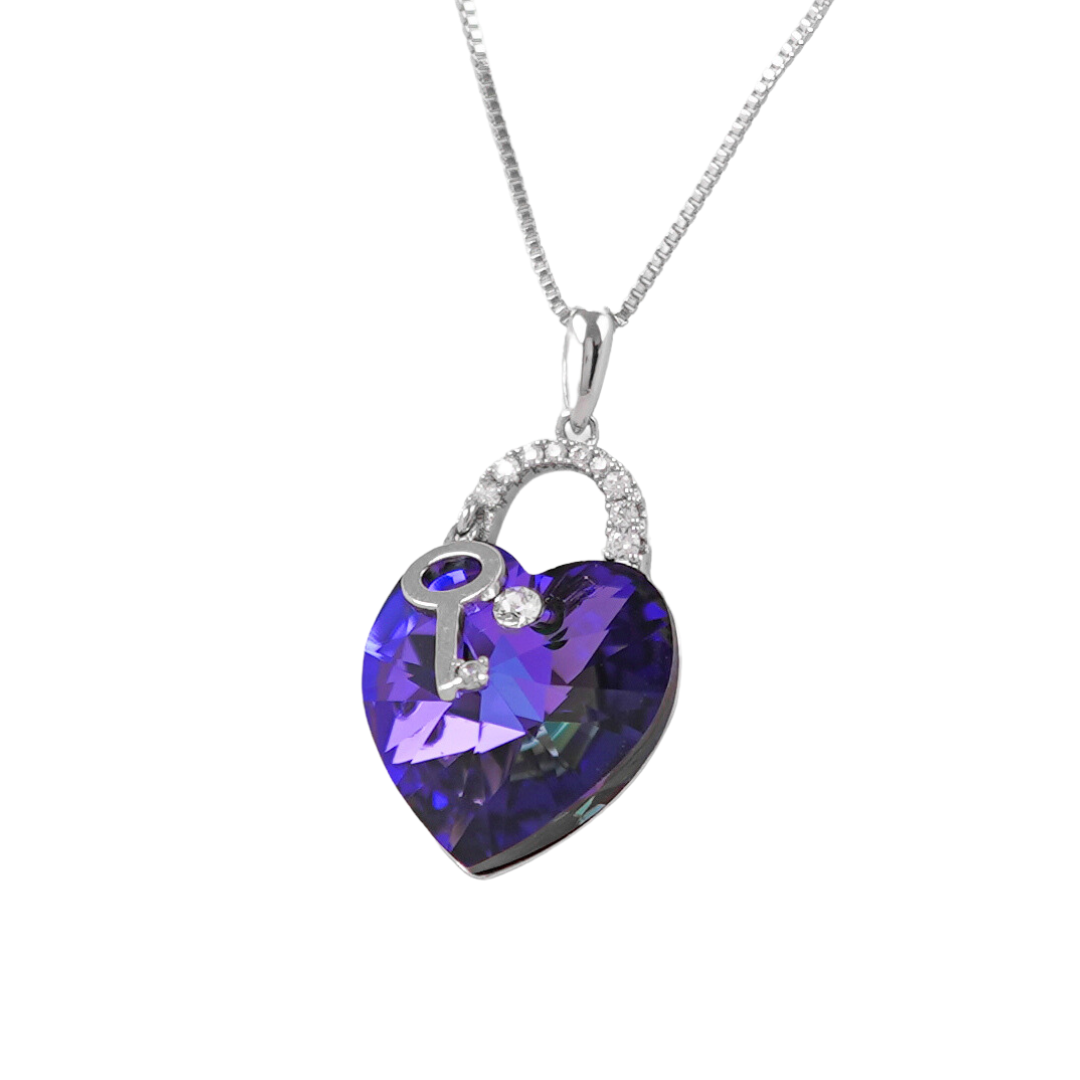 The heart with key Deep amethyst Swarovski crystal platinum plated necklace