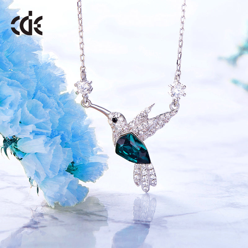 Sterling silver Emerald hummingbird with 2 crystals on the chain necklace - CDE Jewelry Egypt