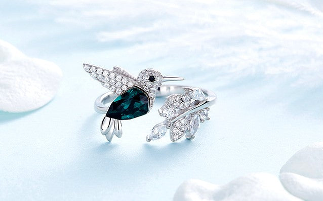 CDE 925 Sterling Silver Ring Hummingbird Swarovski Crystals Expandable Emerald Leaf Ring - CDE Jewelry Egypt