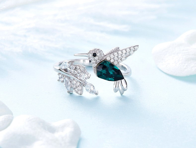CDE 925 Sterling Silver Ring Hummingbird Swarovski Crystals Expandable Emerald Leaf Ring - CDE Jewelry Egypt