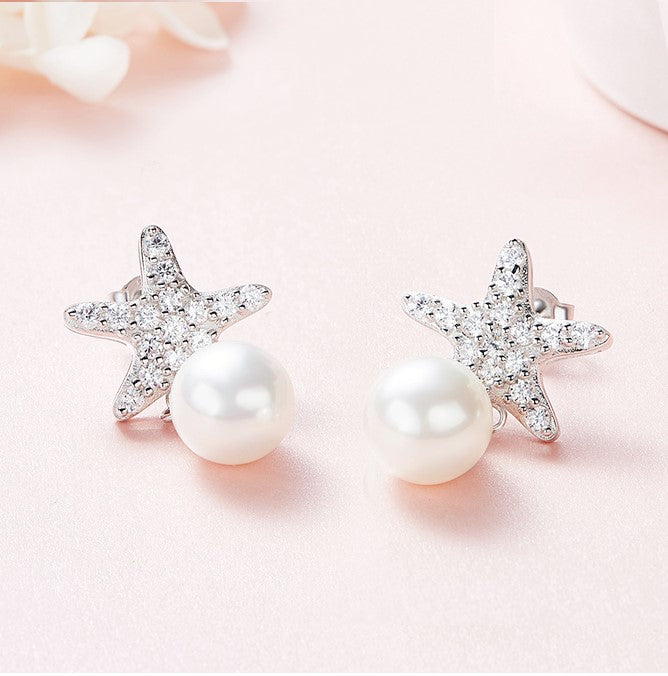 Sterling silver cute shining star with a pearl earring - CDE Jewelry Egypt