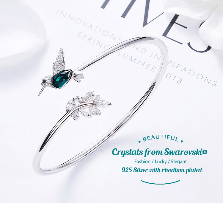 Sterling silver Emerald hummingbird with a shiny leaf bangle - CDE Jewelry Egypt