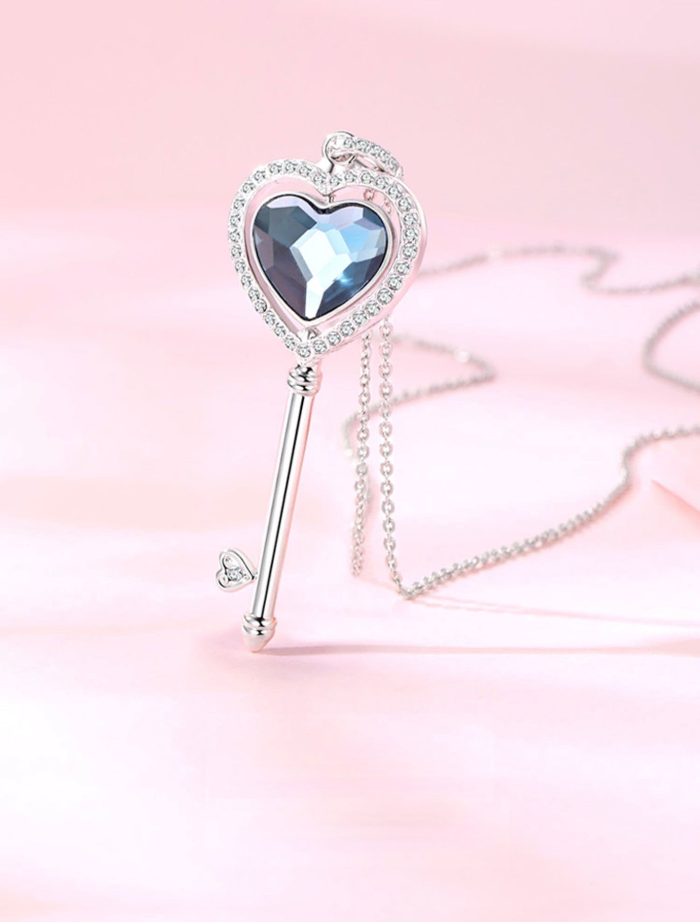 Rotating Swarovski heart crystal key necklace