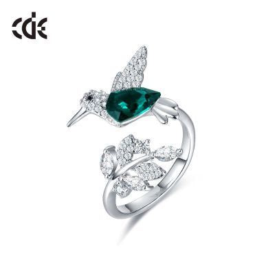 CDE 925 Sterling Silver Ring Hummingbird Swarovski Crystals Expandable Emerald Leaf Ring - CDE Jewelry Egypt